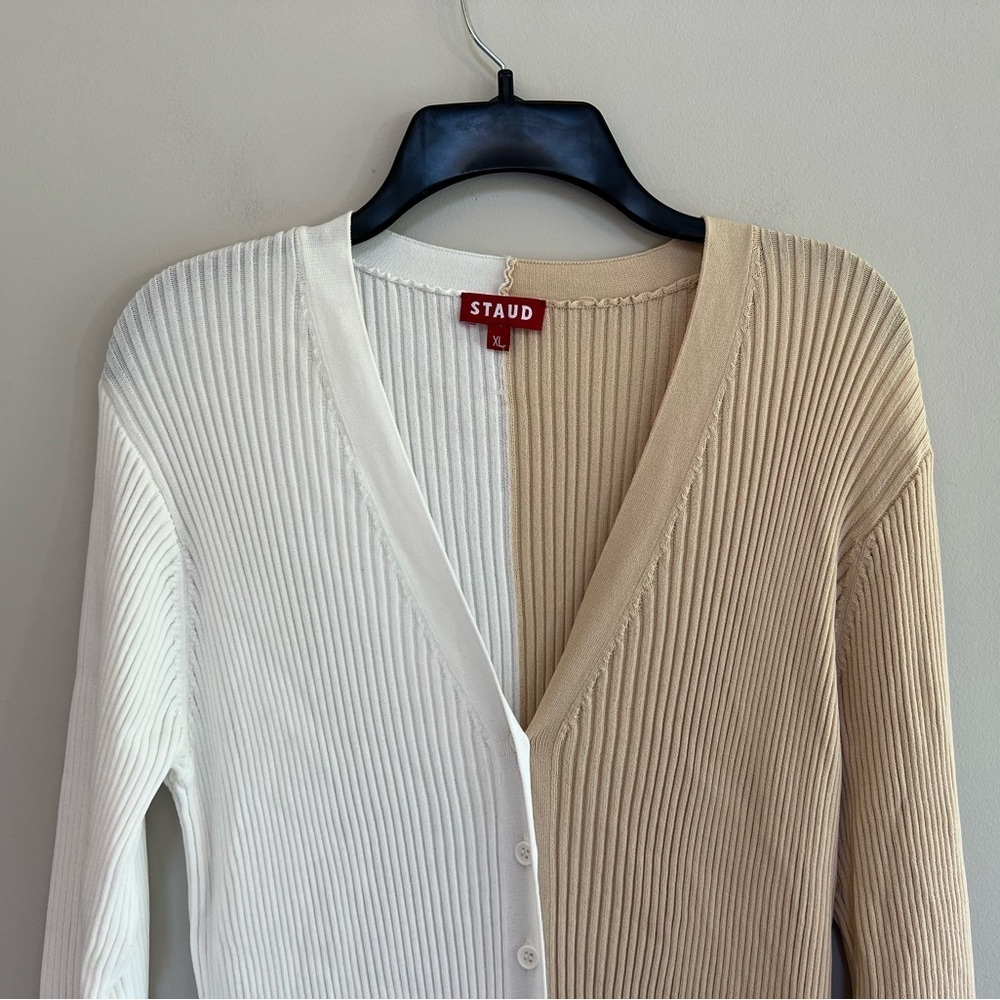 STAUD Shoko Colorblock Ribbed Button Front Sweater Dress, White/Beige, XL - Picture 7 of 7